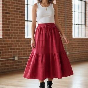EUC Vintage Y2K Jackpot OSFM Red Tiered Ruffled Cotton Midi Boho Peasant Skirt!!